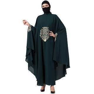 Designer Irani Kaftan with chikan embroidery work- Bottle Green